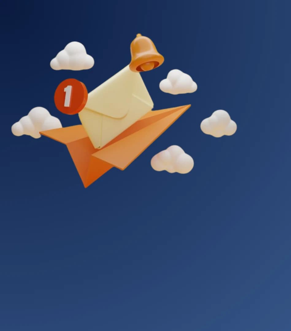 Ilustração de um envelope sobre um avião de papel entre nuvens