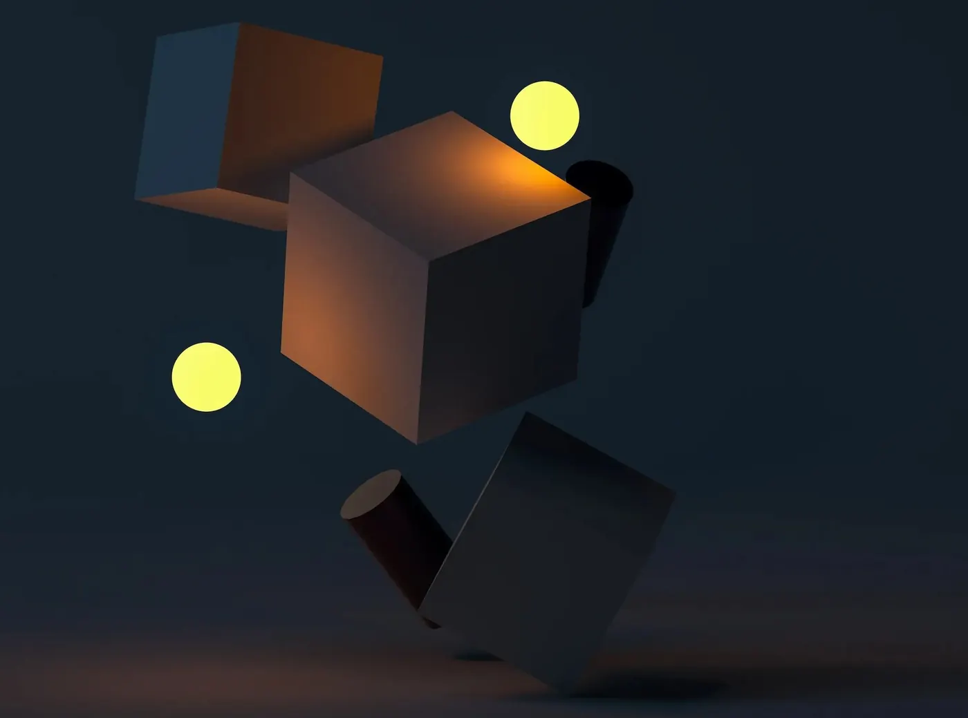Lit cubes and spheres floating on a dark background